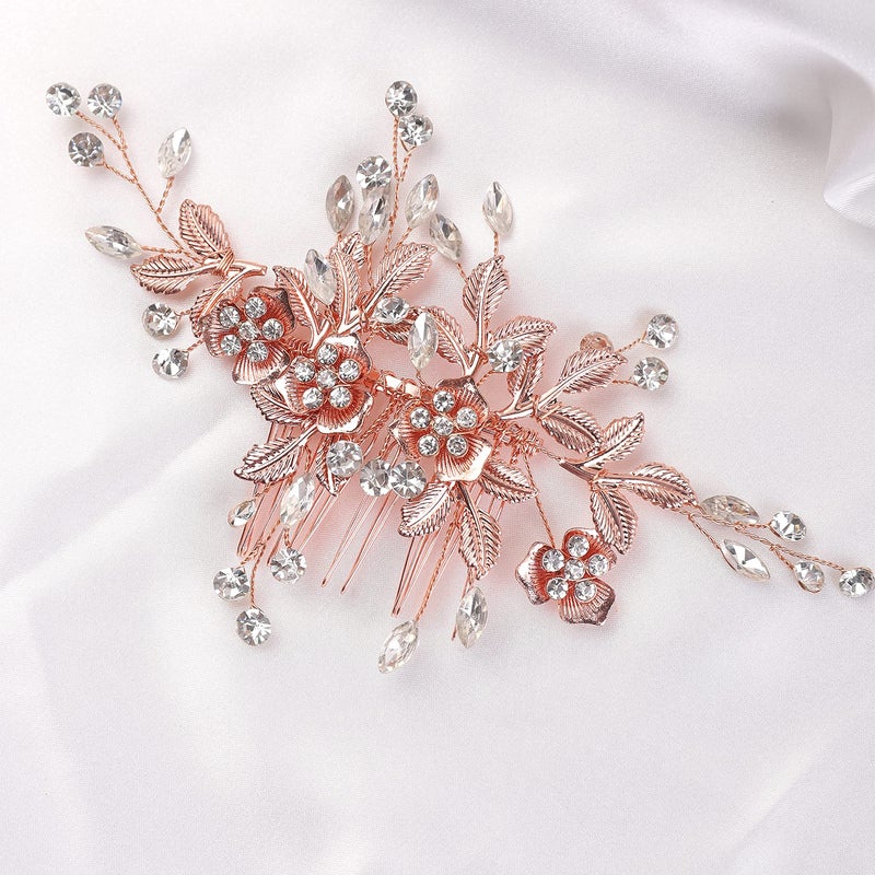 YERTTER Vintage Rhinestones Bride Wedding Hair Accessories for Brides Crystal Floral Leaves Bridal Hair Comb for Women (Rose gold) - Image 1